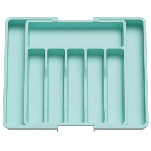 Lifewit Extendable Cutlery Drawer Organiser, Adjustable Cutlery Tray, Plastic Adjustable Kitchen Storage Dividers for Utensil Spoons Forks Knives, 8 Compartments, 33-57 x 38cm, Turquoise