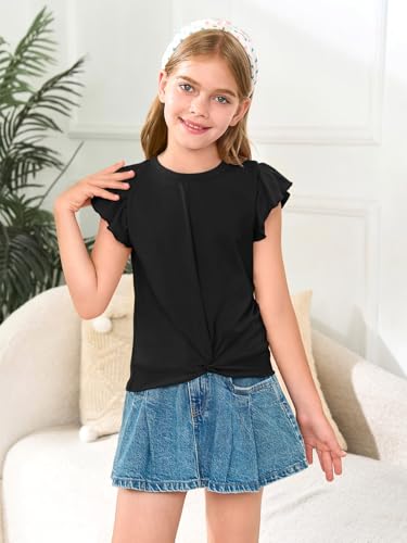 Image of Haloumoning Girls Ruffle Sleeve T Shirts Summer Crewneck Shirt 5-14 Years