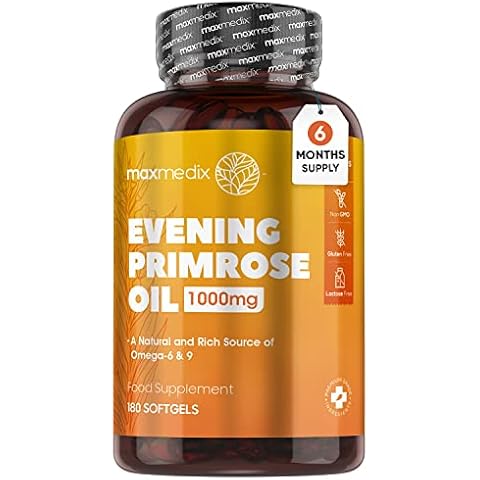 Evening Primrose Oil 1000mg (6 Months Supply) - 604mg Omega 6 Fatty Acids (101mg GLA & 503mg Linolenic Acid) & 256mg Omega 9 - Cold Pressed Evening Primrose Oil Capsules Softgels for Women & Men Cover