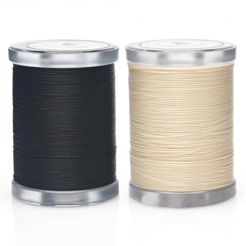 Image of Selric 300Yards Extra Strong Bonded Nylon Thread for Leather Sewing, Black and Beige Heavy Duty Upholstery Thread for Heavy Fabric (2 Spools)-Black+Beige