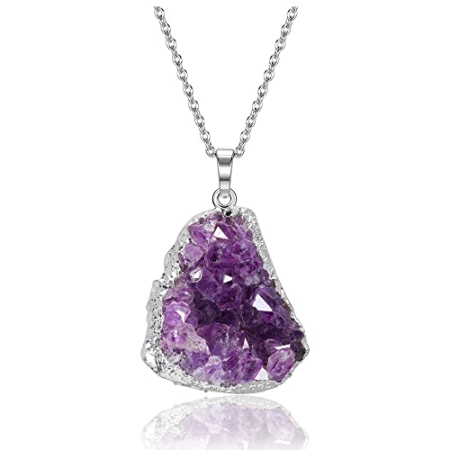 Top Plaza Raw Amethyst Healing Crystal Stone Necklaces For Women Men Irregular Mini Amethyst Cluster Druzy Pendant Necklaces Natural Amethyst Gemstone Necklaces Quartz Jewelry - Silver #TOP25