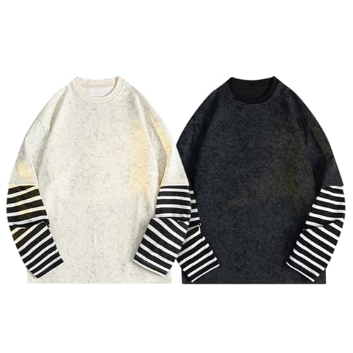 GURUNVANI Mens Fake Two Piece Patchwork Long Sleeve Shirt Unisex Oversized Striped Sweatshirt3