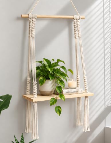 Decazone ® Macramé Wall Hanging Shelf Pine Wood Floating Shelve with Wooden Dowel Modern Chic Woven Décor for Dorm Living Room Nursery Beige Colour 55