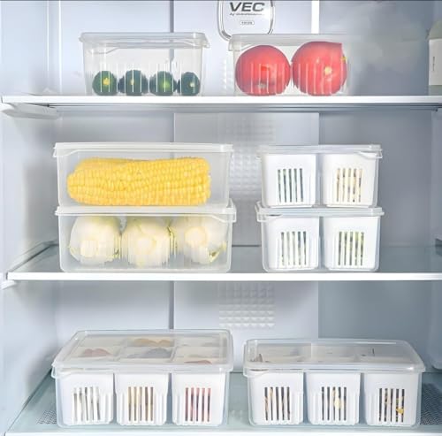 Image of RANIC Plastic Fridge Storage Boxes Freezer Storage Containers, Container For Kitchen Storage Set, Storage In Kitchen, Vegetable Storage,Refrigerator Food Box (4 Grid)