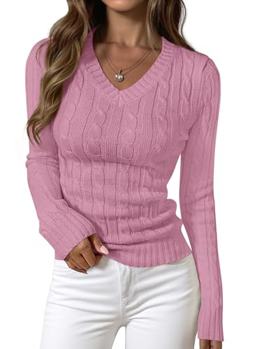 PRETTYGARDEN V Neck Cable Knit Sweaters for Women 2026 Long Sleeve Ribbed Fitted Pullover Tops Business Casual Fall Outfits(Pink,Medium)