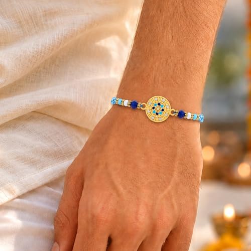 Image of Peora Rakhshabandhan Thread Rakhi for Brother Bhaiya | Kundan Beads & Crystal Studded | Combo Set of 2 | Rakhi Hamper Roli Chawal & Greeting Card