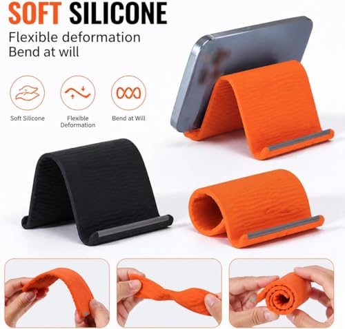 Image of Flexible Silicone Phone Stand, Multi-Angle Adjustable Cell Phone Holder, Portable Phone Stand for Desk, Compatible with iPhone, iPad, Tablet, Laptop, for Home, Office, Gaming (Orange /Black)