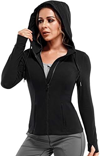 TrainingGirl Women Full Zip Workout Sports Jackets Slim Fit Long Sleeve Yoga Track Hoodie Thumb Hole Athletic Running Jackets (Black, Medium)