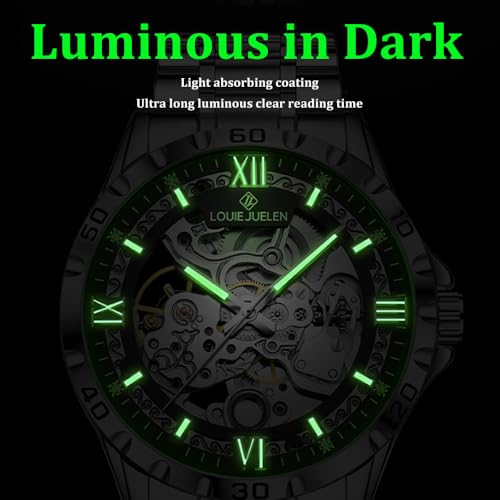 Image of Skeleton Automatic Mechanical Watch Mens Business Luxury Gift Steel Band | Stainless Steel Waterproof Male Golden Wristwatch Luminous Markers & Hands Hardlex Mirror Butterfly Double Button