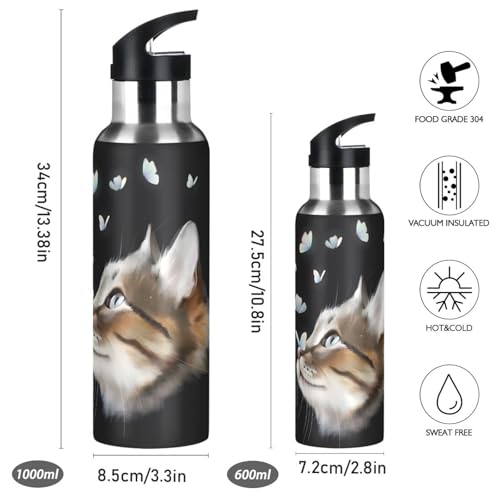 ALAZA Botella de Agua Térmica Aislada al Vacío con Pajilla, Acero Inoxidable, Capacidad 20 Ounzas, Estampado Gato con Mariposa miniatura 2