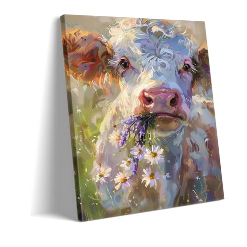 Portrait de veau floral et coloré peinture sur toile pour évoquer la douceur de la campagne