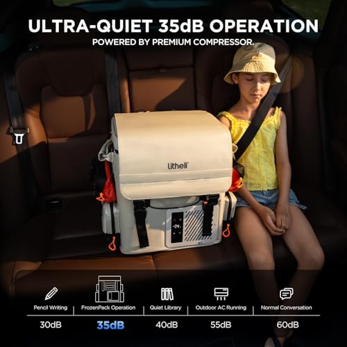 LiTHELi Electric Camping Cooler, Battery Powered 21QT Portable Fridge for Camping and Road Trips, Beige with 1 Battery