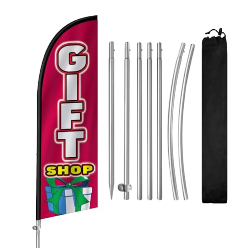 QSUM 8FT Gift Shop Feather Flag with Pole & Ground Spike, Outdoor Gift Store Advertising Banner with Carry Bag, Eye-Catching Storefront Display for Retail Promotion