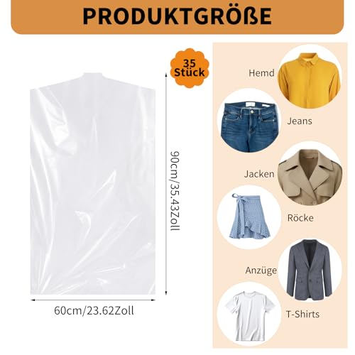 Dntorx 35 Stück Kleidersack 60 x 90 cm, Transparente Kleidersäcke Kunststoff Staubdichte Kleiderschutzhülle Hängen Kleiderhülle zum Kleiderschutz von Anzüge Hemden Kleider Mantel