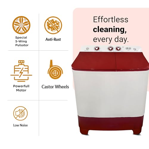 Image of Akai 7 Kg, 5 Star, Semi Automatic Top Loading Washing Machine (AKSA-70DRP) Red