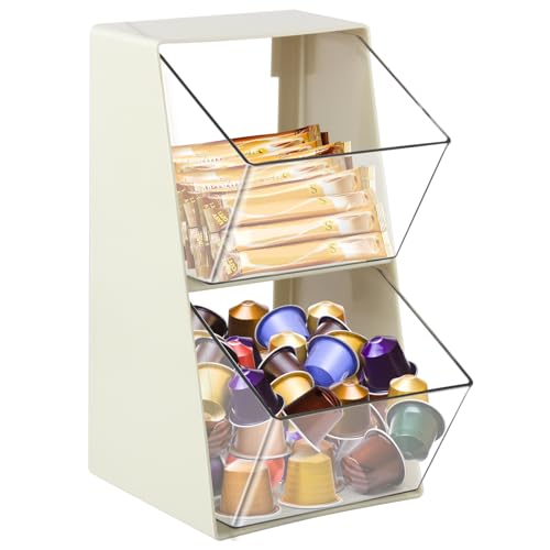Dalanpa Tea Bag Organizer with 2 Drawers, Coffee Pod Holder, Plastic Storage Holder for Tea Bags, Creamer, Sugar Bags (Ivory)