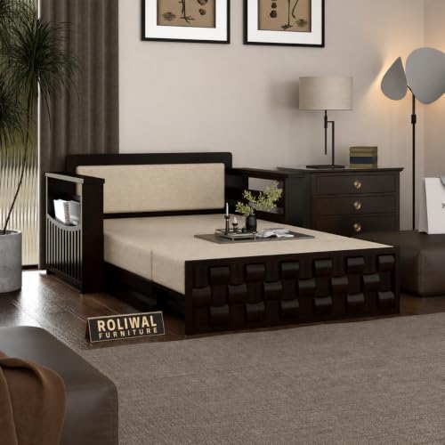Image of Solid Sheesham Wood Sofa Cums Bed with Mattress & Storage | Rosewood Convertible Sofa Bed for Living Room & Bedroom (G-Walnut Finish, 2 Seater)