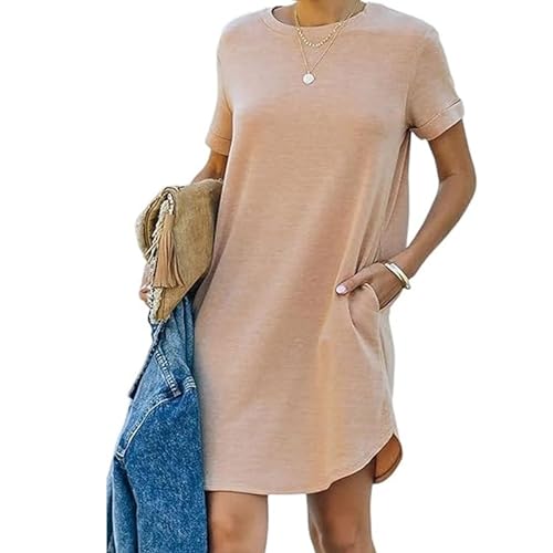 ASSOYEZ Women's Casual Short Sleeve T Shirt Dress Basic Dresses with Pockets, 2024 Summer Casual T Shirt Dress (Khaki,S)