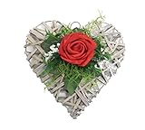 Rattanherz mit 1 Rose Rot Rosenherz Tischdeko Fensterdeko Grabgestecke künstlich Grabschmuck Gestecke für den Friedhof Kunstblumen Deko Herz (rot)