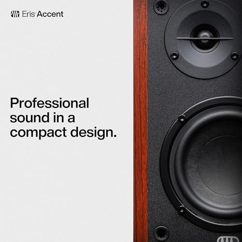 Image of PreSonus Eris Accent Powered Bookshelf Speakers - 50W Wired Stereo Speakers for Record Player, Turntable, Desk & Home, Multiple Inputs, 4 inch Woofer, Studio Monitors, Tweeter, Remote, Sub Out, Wood Grain