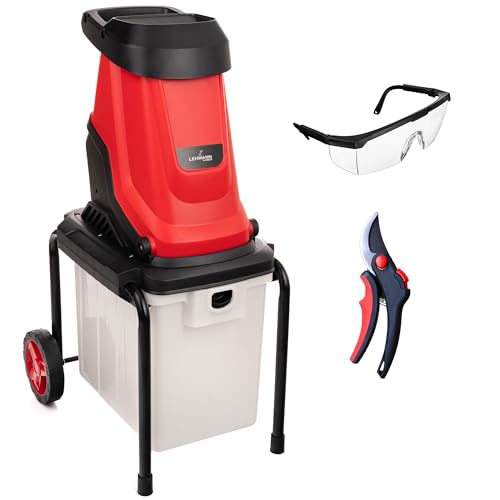 LEHMANN Broyeur de jardin électrique 3000 W pour branches jusqu'à 45 mm, broyeur de feuilles avec châssis robuste, roues et bac collecteur de 50 l, broyeur à bois avec accessoires, interrupteur de