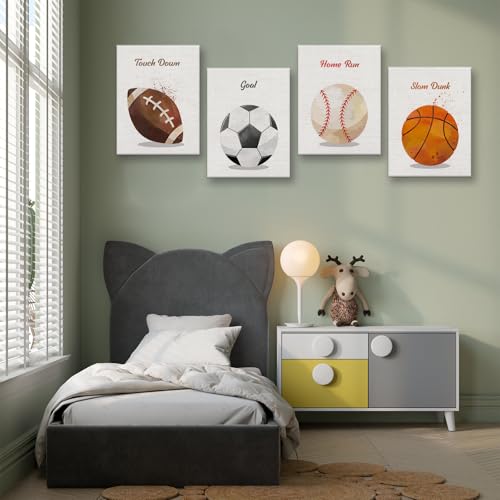 Image of Watercolor Sport Football Basketball Soccer Softball Boys Room Decor Canvas Wall Art Motivational Prints Paintings for Bedroom Nursery Playroom Classroom Funny Birthday Gifts 4PCS,Framed,8x10IN
