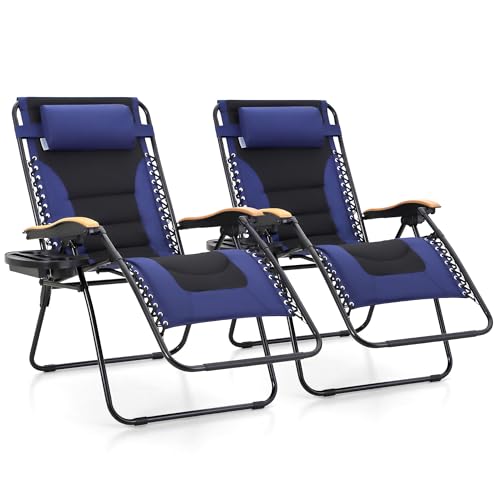 MFSTUDIO Zero Gravity Chairs Set of 2, XL Oversized Outdoor Anti Gravity Chair, Patio Lounge Folding Adjustable Chair with Cup Holder & Padded Headrest, Support 400lbs,Navy Blue