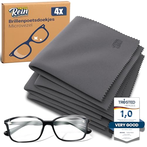 Tiefenrein Microvezel Brillenpoetsdoekjes – 4 Stuks Grijs 20×20 cm, Extra Zacht voor Bril Schoonmaken, Schermen, Laptop & Lenzen – Streeploos Resultaat