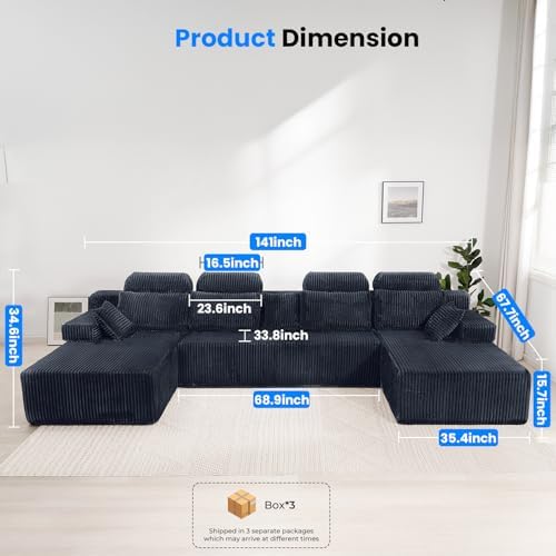 141’’ Cloud Sectional Couch with High Backrest, Convertible U-Shaped Modular Sectional Sofa with Deep Seat, Soft Corduroy Upholstery, Boneless Couches Comfortable for Living Room Bedroom - Thumbnail 5