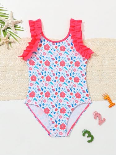 Image of WDIRARA Girl's Cute Swimwear Floral Print Ruffle Trim Swimsuit Beach Sport One Piece Bathing Suit
