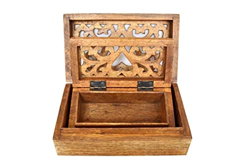 Village Handwork Wooden Jewelry Box For Women Heart Shape Carved 2 Pieces Wooden Keepsake Box With Lid | Trinket Box Decorative Boxes For Storage & Organizer Christmas Gift Offer #TOP4