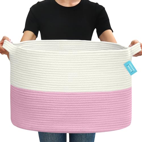 Image of OrganiHaus XXX Large Cotton Rope Basket for Blankets Living Room | Blanket Basket & Storage Baskets for Organizing | Laundry Baskets for Storage Toy Basket for Baby | Large Woven Basket - Pink/White