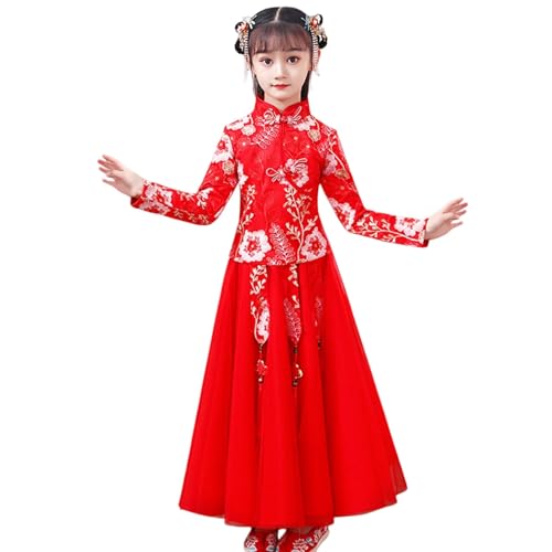 Robe longue chinoise pour fille avec broderie fine en dentelle traditionnelle