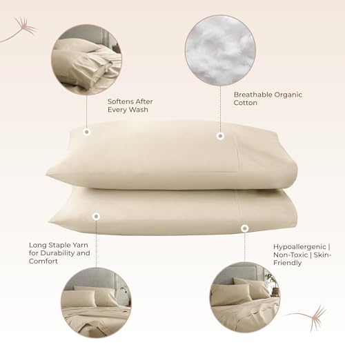 Image of 100% Organic Cotton Pillow Cases Queen Size Set of 2-100% Cotton Pillowcases GOTS Certified 300 Thread Count - Naturally Cooling Comfortable Breathable & Soft Pillow Cases (Dune, Queen)