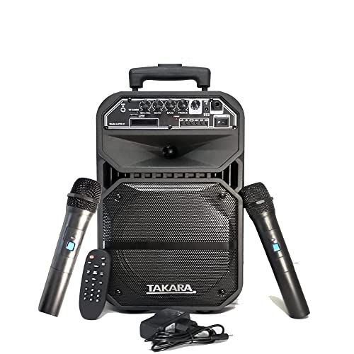 Image of Takara Karaoke Speaker TAKARA T-4008 Portable 8 Inch Trolley Speaker Multimedia Bluetooth; Karaoke with Audio Recording; USB; Rechargeable Battery PA System with 2 Wireless Mic Outdoor Trolly Speakers