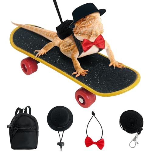 PINVNBY 5 Pack Bearded Dragon Leash and Harness Set Bearded Dragon Leash Backpack with Adjustable Hat & Bow Tie Mini Skateboard Toy Reptile Accessories for Lizard Reptile Outdoor Adventures