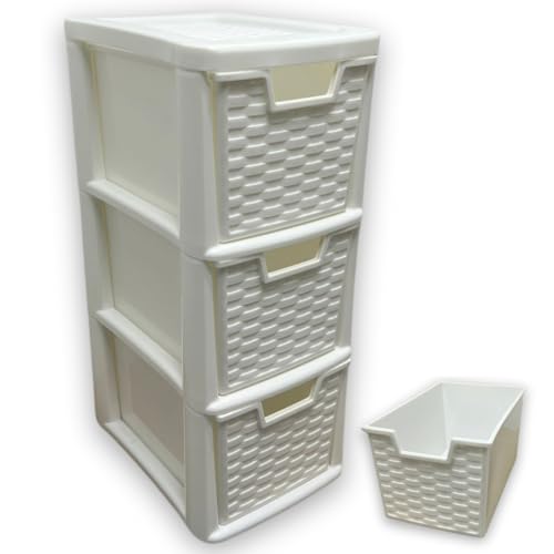 SIDSONS 3 Tier Rattan Drawers - Multipurpose Storage Organization, Modular Medium Storage Tower For Home, Office, Garage, White Desktop Drawer, Rattan Effect 48cm Height x 25cm Depth x 19cm Width (1)