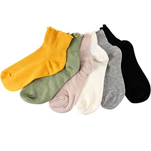 SATINIOR Women's Knit Lace Ruffle Socks Solid Color Casual Socks 6 Pair2