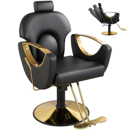 Tythical Salon Chair Reclining Barber Hair Chair for Hair Stylist with Heavy Duty Hydraulic Pump, 360 Swivel Styling Beauty Spa Tattoo Equipment for Home Barbershop, Black Gold