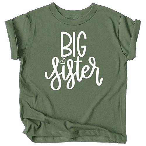 Olive Loves Apple Big Sister with Heart New Sibling Announcement Shirts for Toddler and Girls Siblings White on Military Green Shirt 4T