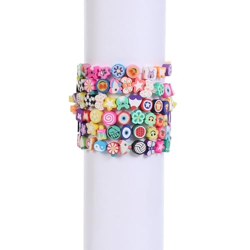 Image of Ambitieux 10-Partition Rubber Beads Bracelet Making Kit for Kids | 10 Designs of Emoji, Heart, Flower, Butterfly Beads | Includes Elastic Thread & Mini Scissors | DIY Jewellery Craft Set for Girls & Boys