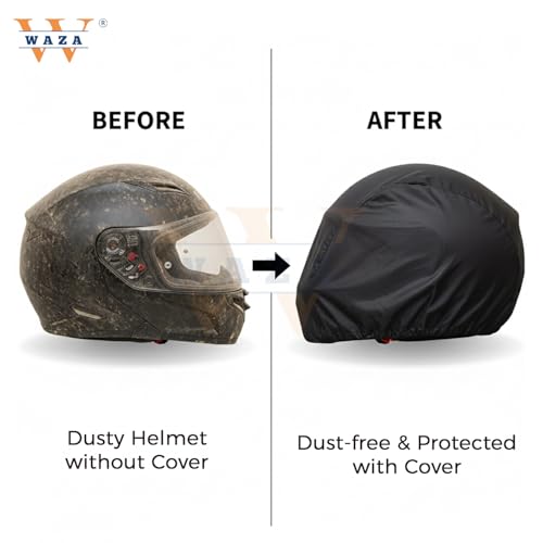 Image of Waza Helmet Cover for Motorcyclists & Cyclists -Waterproof Umbrella Fabric, Dustproof, Universal Fit with Adjustable Strap - Black Helmet Rain Cover