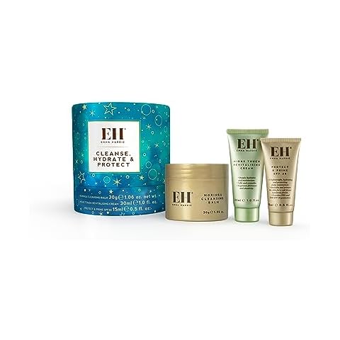 Emma Hardie Cleanse, Hydrate & Protect Gift Set: 30ml Moringa Cleansing Balm, 30ml Midas Touch Revitalising Cream & 15ml Protect & Prime SPF30 Sunscreen Face Moisturiser, Natural & Cruelty Free Cover