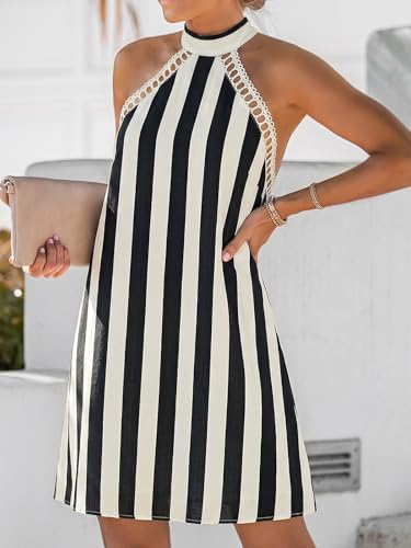 Image of CUPSHE Women Lace Trim Summer Dress Halter High Neck with Tie Backless A Line Lining Casual Sundress Holiday Mini Dress