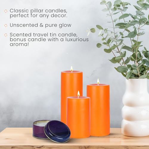 Image of D'Velas Pack of 3 Unscented Orange Pillar Candles | Burn Time 50 /65 /80 Hours | Bonus 3oz Scented Travel Tin | Long-Lasting Paraffin Wax Candles for Home Decor, Festive Use & Events