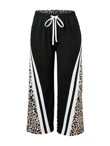 Women's Plus Size Striped Track Pants Y2K Leopard Drawstring Waist Wide Leg Baggy Sweatpants