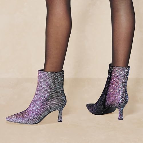 Sparkle Ankle Boots for Women Pointed Toe Kitten Heel Glitter Booties Side Zipper Mesh Rhinestone Dressy Heels Shoes4