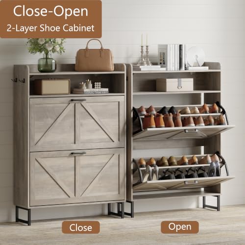 Image of Shoe Cabinet with 2 Flip Drawers, Freestanding Hidden Shoe Storage Organizer for Entryway, Narrow Slim Shoe Rack Cabinet with Open Storage & Hooks for Front Door Entrance, Living Room, Hallway, Grey