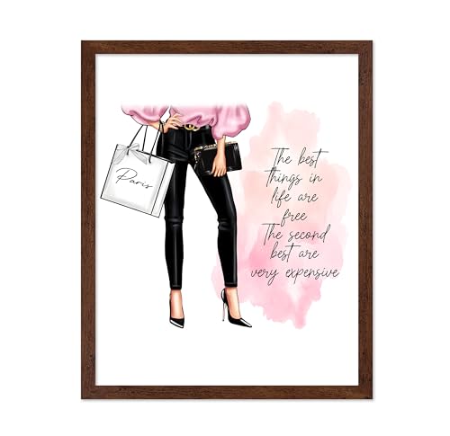 Image of Poster Master The Best Thing In Life Are Free Poster - Fashion Print - Trendy Art - Modern Art - Gift for Women & Fashionista - Funny Glamour Decor for Bedroom or Girl's Room, 8x10 Brown Framed