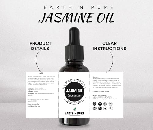 Image of Earth N Pure Jasmine Essential Oil|100% Natural and Therapeutic Grade|Undiluted|For Aromatherapy|Flawless Skin|Soap Making|Massage|Improve Hair Growth|Relaxation|With Glass Dropper |100ML